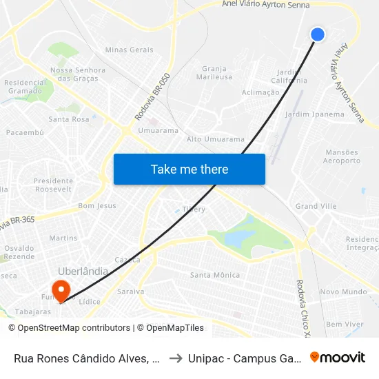 Rua Rones Cândido Alves, 172 to Unipac - Campus Gama map