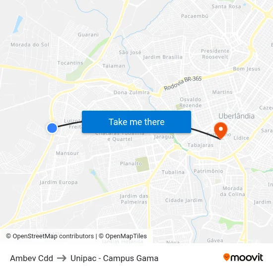 Ambev Cdd to Unipac - Campus Gama map