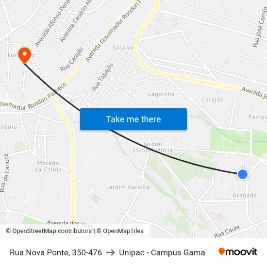 Rua Nova Ponte, 350-476 to Unipac - Campus Gama map