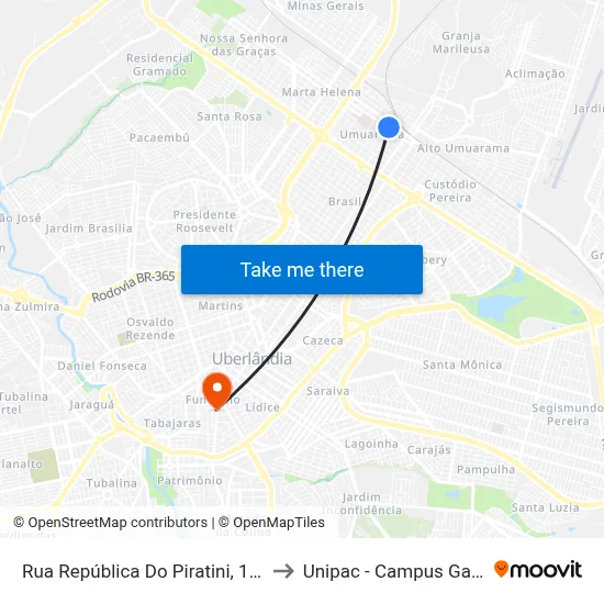 Rua República Do Piratini, 1691 to Unipac - Campus Gama map