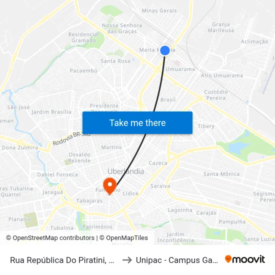 Rua República Do Piratini, 697 to Unipac - Campus Gama map
