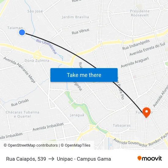 Rua Caiapós, 539 to Unipac - Campus Gama map