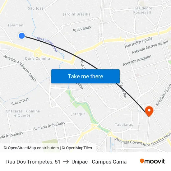 Rua Dos Trompetes, 51 to Unipac - Campus Gama map