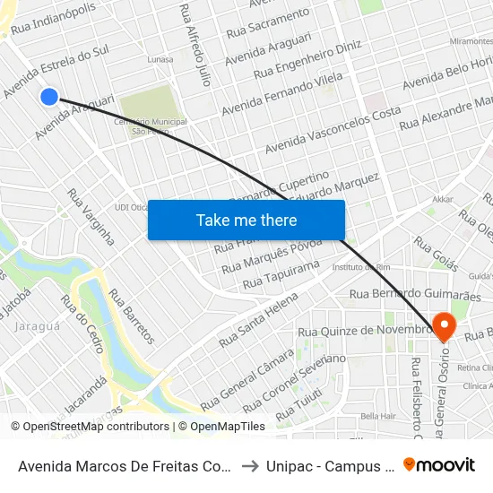 Avenida Marcos De Freitas Costa, 1501 to Unipac - Campus Gama map