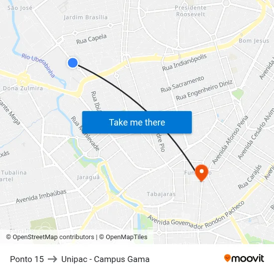 Ponto 15 to Unipac - Campus Gama map