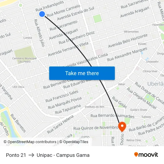 Ponto 21 to Unipac - Campus Gama map
