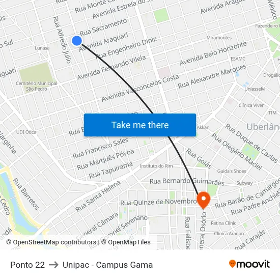 Ponto 22 to Unipac - Campus Gama map