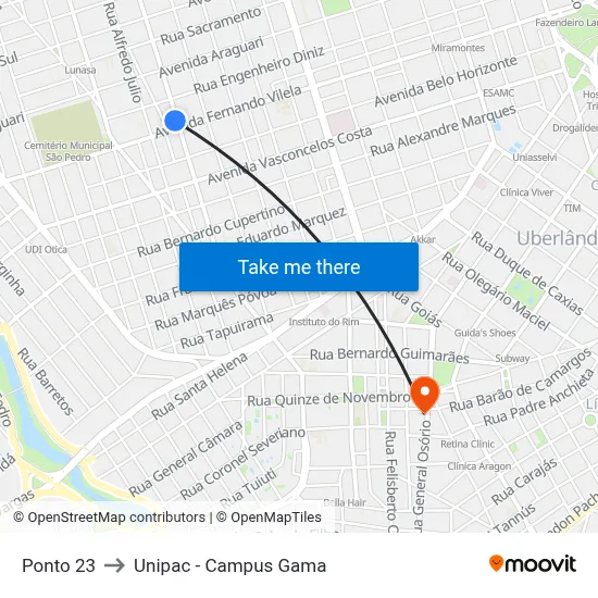 Ponto 23 to Unipac - Campus Gama map