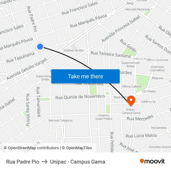 Rua Padre Pio to Unipac - Campus Gama map