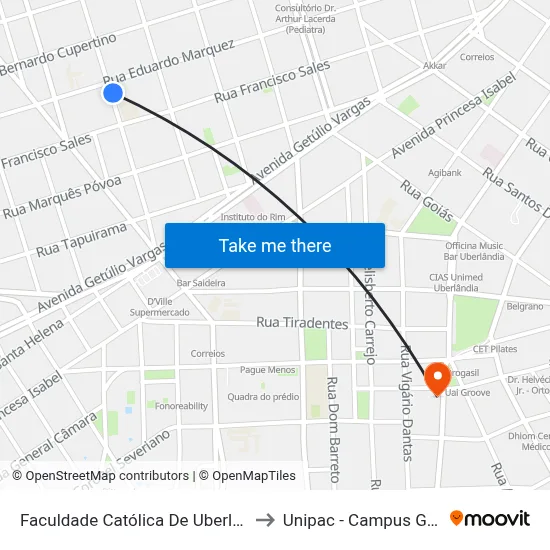 Faculdade Católica De Uberlândia to Unipac - Campus Gama map
