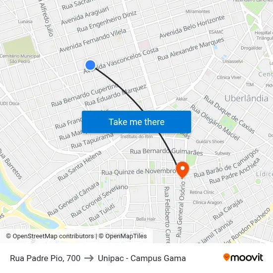 Rua Padre Pio, 700 to Unipac - Campus Gama map