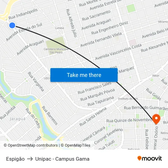Espigão to Unipac - Campus Gama map