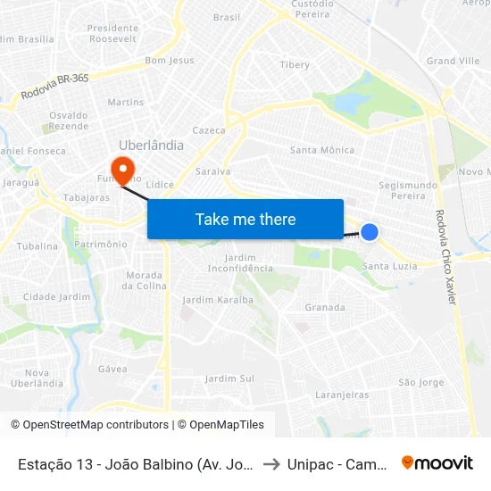 Estação 13 - João Balbino (Av. João Naves De Ávila) to Unipac - Campus Gama map