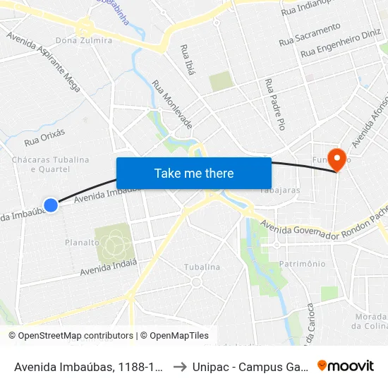 Avenida Imbaúbas, 1188-1396 to Unipac - Campus Gama map