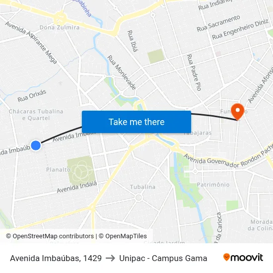 Avenida Imbaúbas, 1429 to Unipac - Campus Gama map