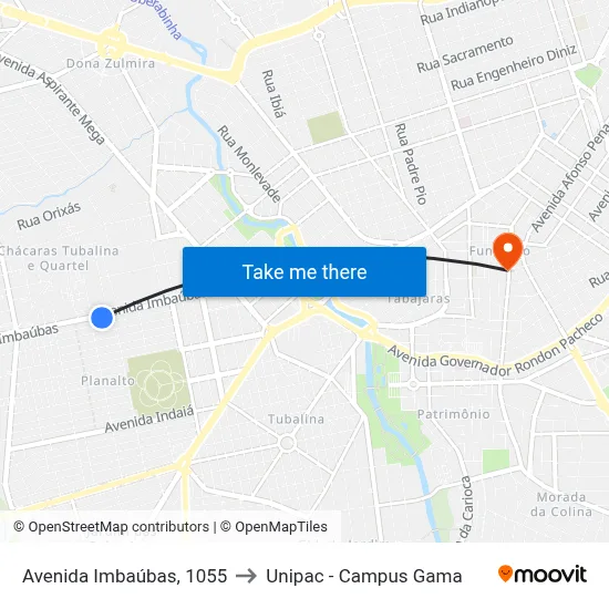 Avenida Imbaúbas, 1055 to Unipac - Campus Gama map