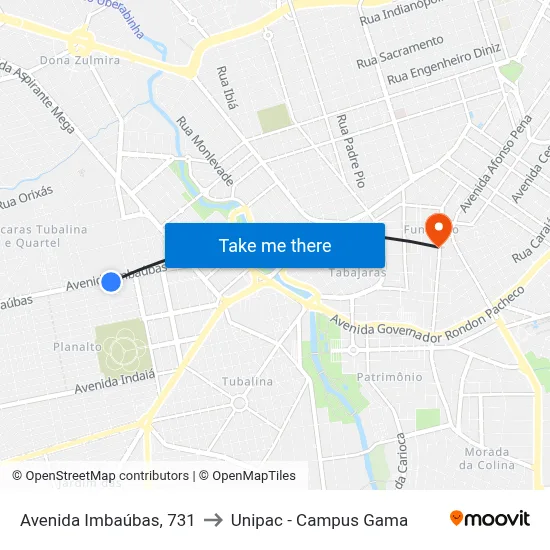 Avenida Imbaúbas, 731 to Unipac - Campus Gama map
