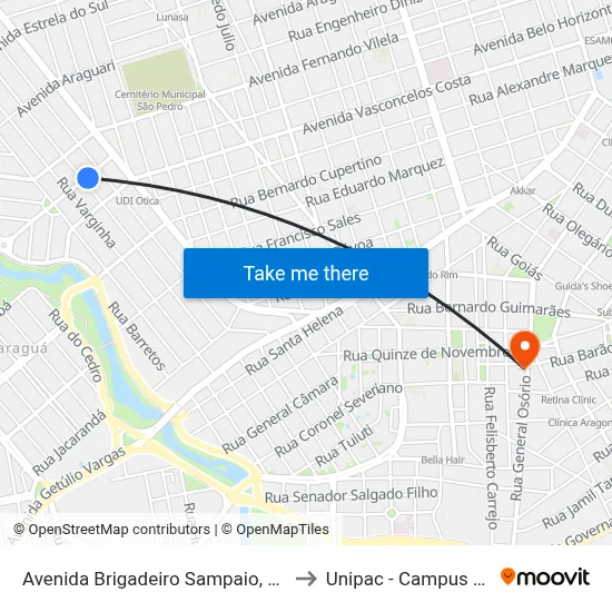 Avenida Brigadeiro Sampaio, 109-121 to Unipac - Campus Gama map
