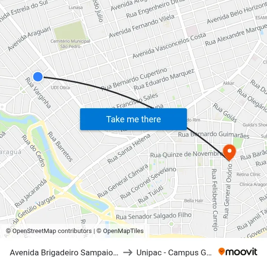 Avenida Brigadeiro Sampaio, 102 to Unipac - Campus Gama map