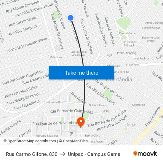 Rua Carmo Gifone, 830 to Unipac - Campus Gama map