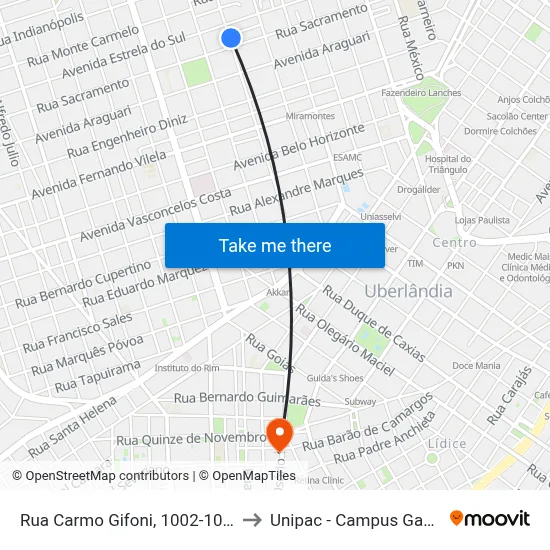 Rua Carmo Gifoni, 1002-1056 to Unipac - Campus Gama map