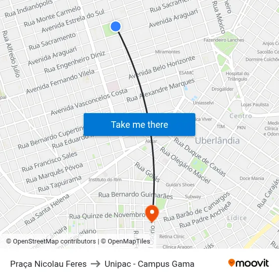 Praça Nicolau Feres to Unipac - Campus Gama map