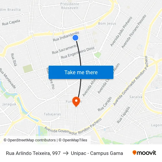 Rua Arlíndo Teixeira, 997 to Unipac - Campus Gama map