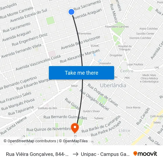 Rua Viêira Gonçalves, 844-898 to Unipac - Campus Gama map