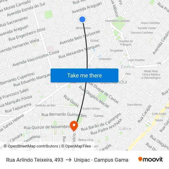 Rua Arlíndo Teixeira, 493 to Unipac - Campus Gama map
