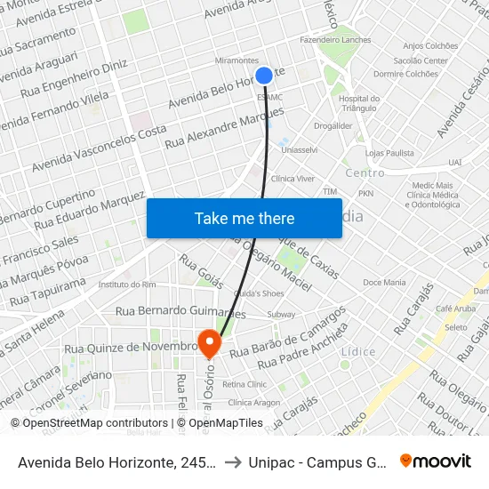 Avenida Belo Horizonte, 245-307 to Unipac - Campus Gama map