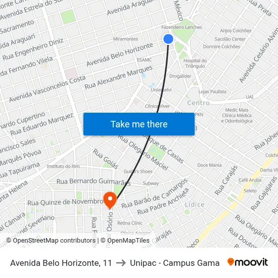Avenida Belo Horizonte, 11 to Unipac - Campus Gama map