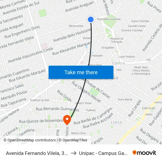 Avenida Fernando Vilela, 344 to Unipac - Campus Gama map