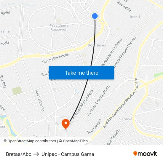 Bretas/Abc to Unipac - Campus Gama map