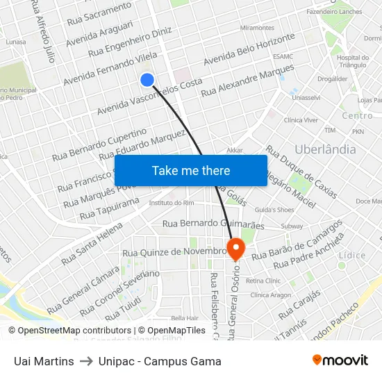 Uai Martins to Unipac - Campus Gama map