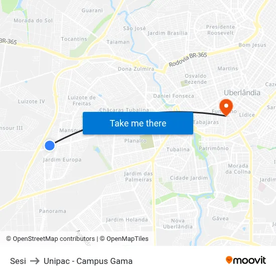 Sesi to Unipac - Campus Gama map