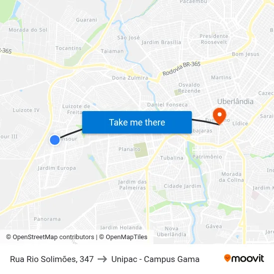 Rua Rio Solimões, 347 to Unipac - Campus Gama map
