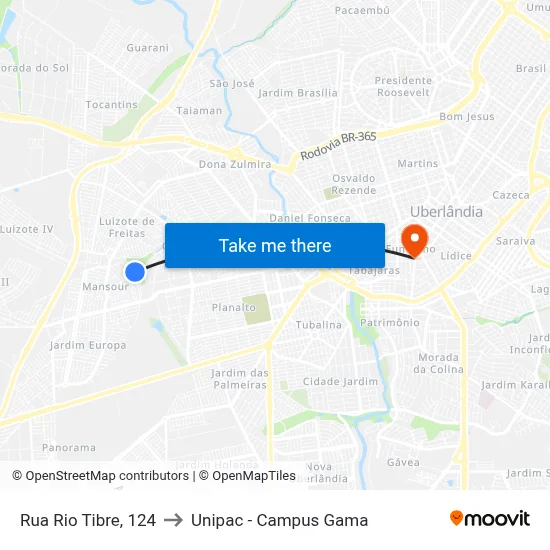 Rua Rio Tibre, 124 to Unipac - Campus Gama map