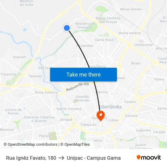 Rua Ignêz Favato, 180 to Unipac - Campus Gama map
