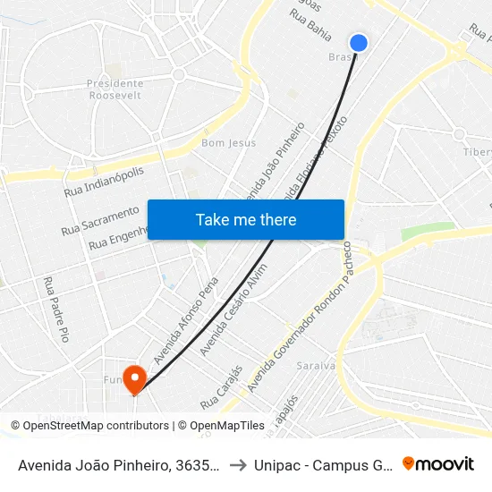 Avenida João Pinheiro, 3635-3747 to Unipac - Campus Gama map