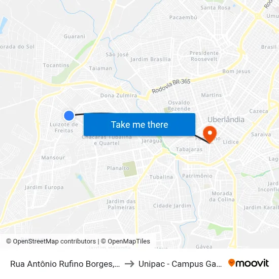 Rua Antônio Rufino Borges, 56 to Unipac - Campus Gama map