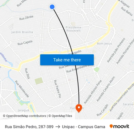 Rua Simão Pedro, 287-389 to Unipac - Campus Gama map