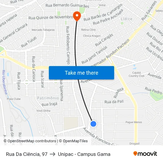 Rua Da Ciência, 97 to Unipac - Campus Gama map