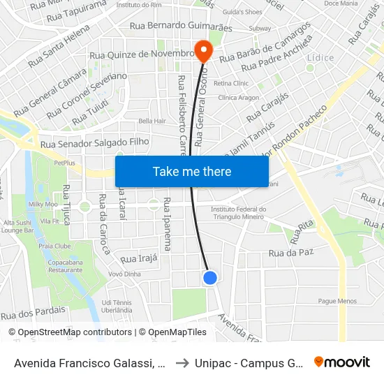 Avenida Francisco Galassi, 1386 to Unipac - Campus Gama map