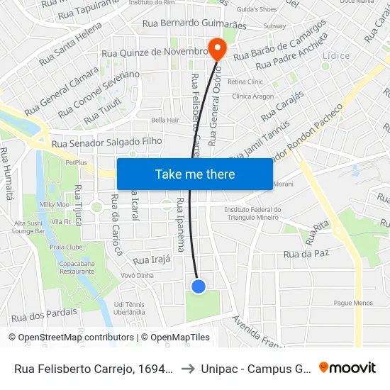 Rua Felisberto Carrejo, 1694-1804 to Unipac - Campus Gama map
