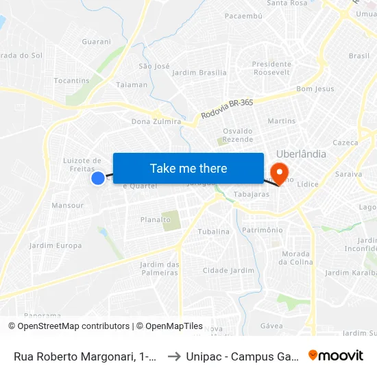 Rua Roberto Margonari, 1-115 to Unipac - Campus Gama map