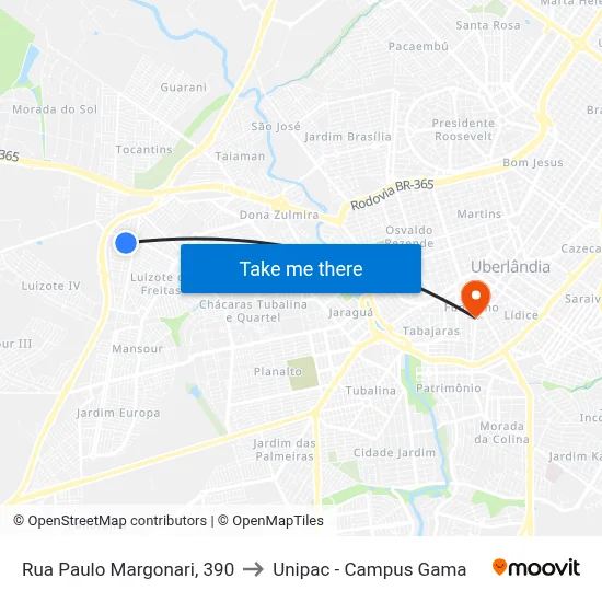 Rua Paulo Margonari, 390 to Unipac - Campus Gama map