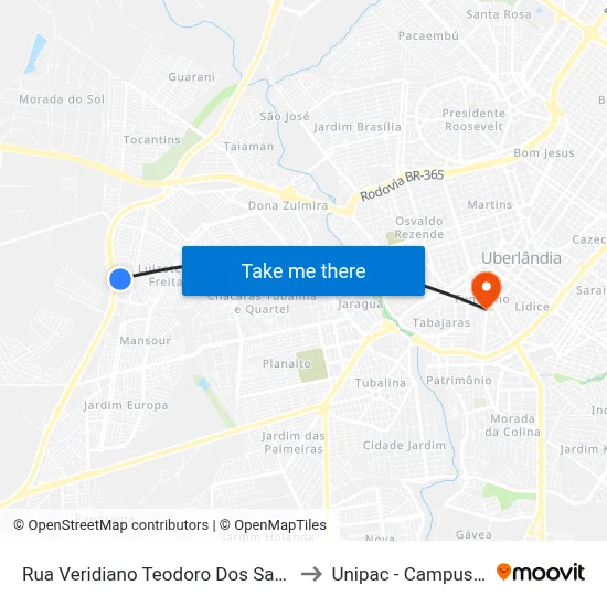 Rua Veridiano Teodoro Dos Santos, 1190 to Unipac - Campus Gama map