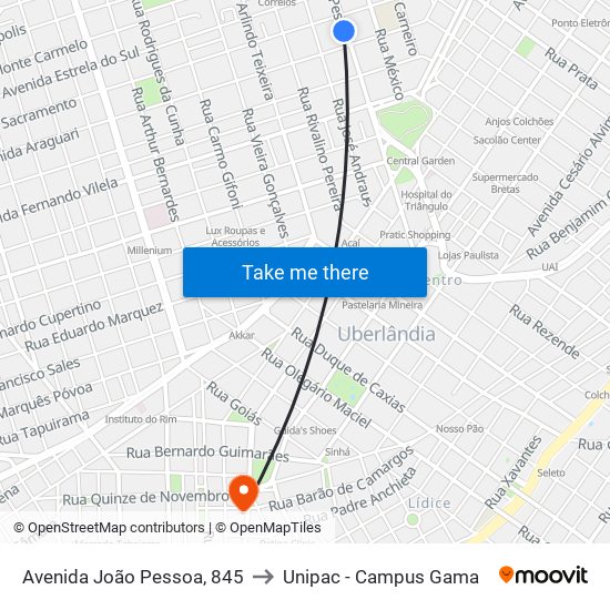 Avenida João Pessoa, 845 to Unipac - Campus Gama map
