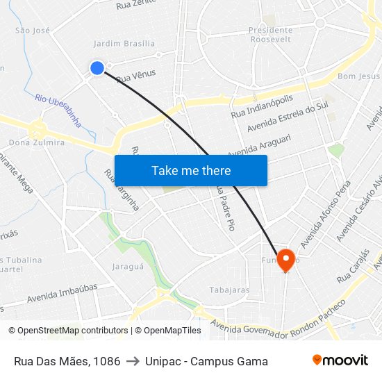 Rua Das Mães, 1086 to Unipac - Campus Gama map