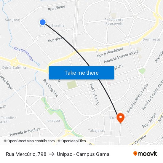 Rua Mercúrio, 798 to Unipac - Campus Gama map